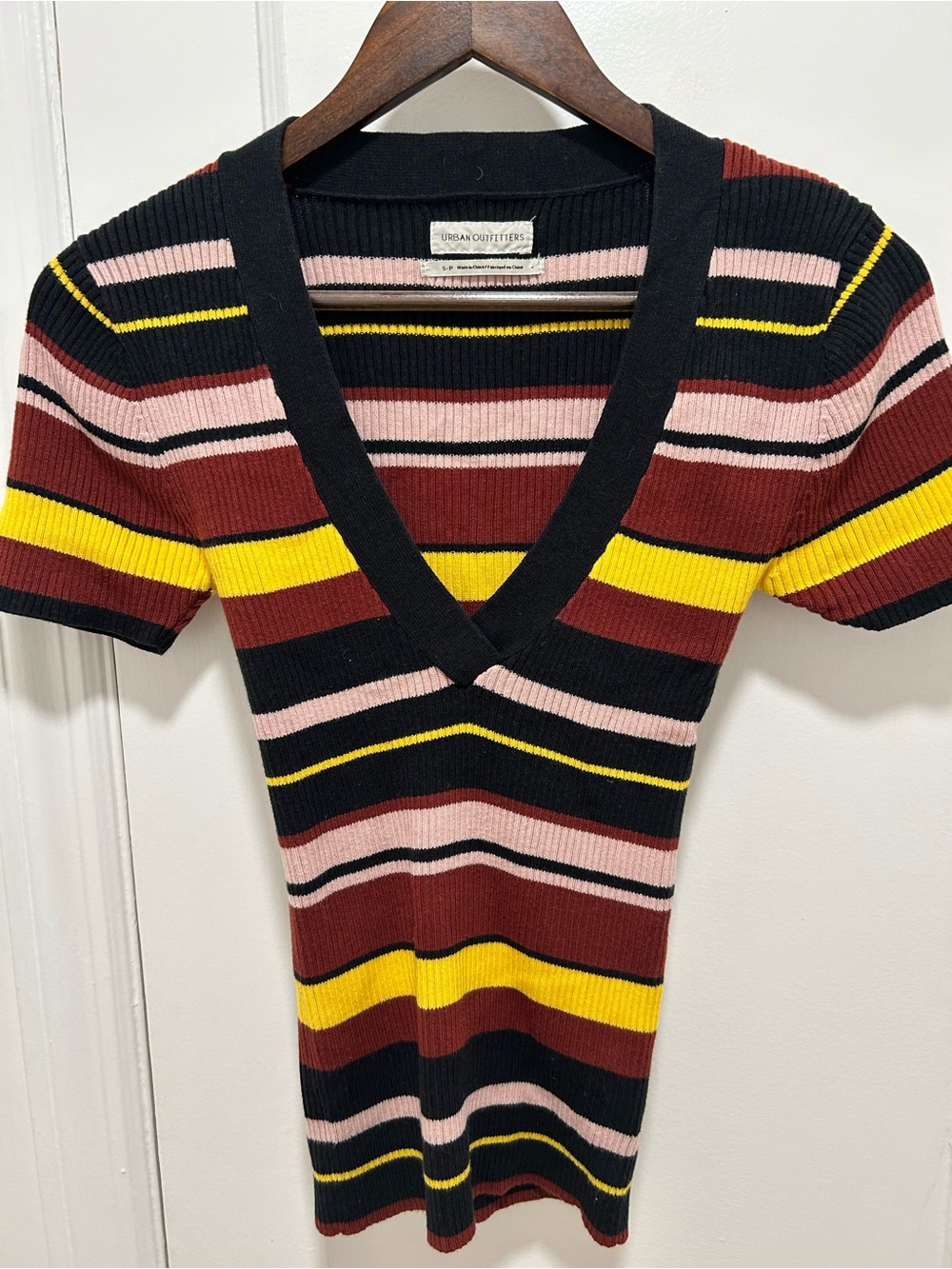 Urban Outfitters Black, Burgundy, Pink & Yellow Striped V-Neck Sweater